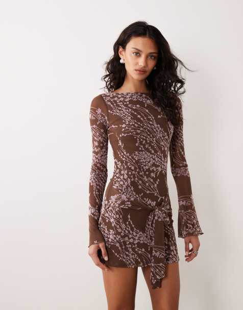 Motel Salira long sleeve tie waist mini dress in brown blossom