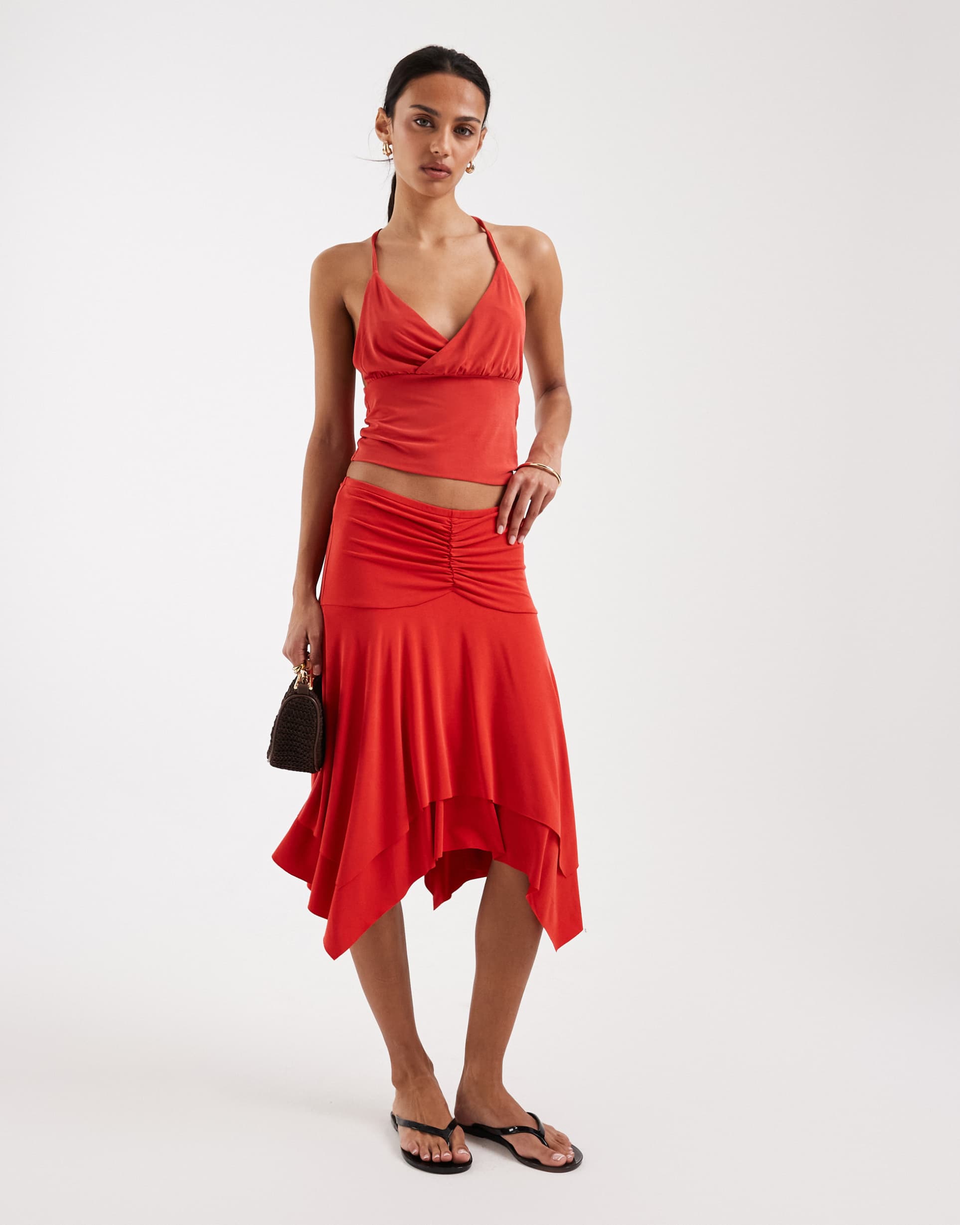 motel samaria gathered midi skirt in red - part of a set