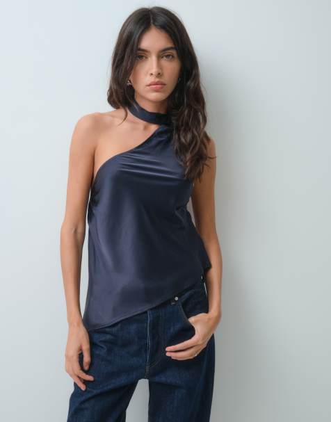 Motel sambara scarf neck satin top in navy