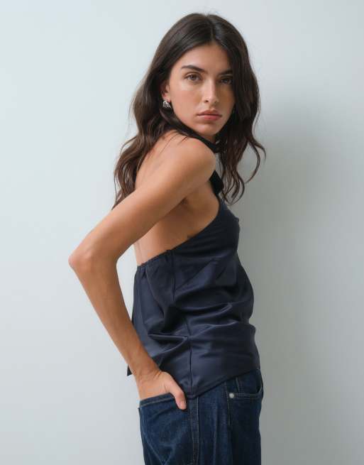 Motel sambara scarf neck satin top in navy, 4 of 5