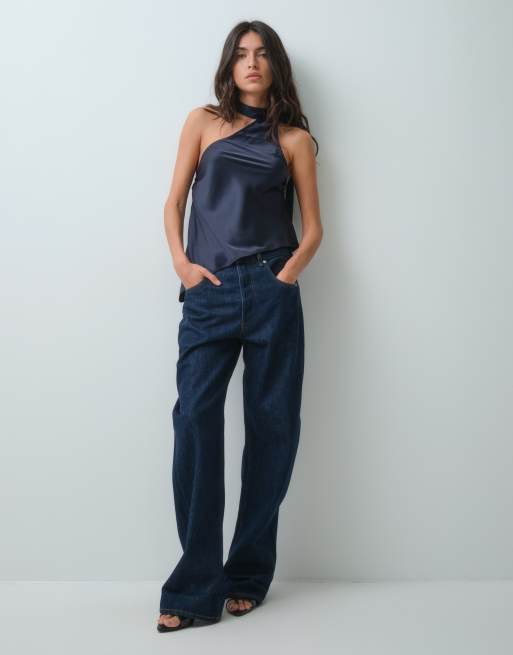 Motel sambara scarf neck satin top in navy, 5 of 5