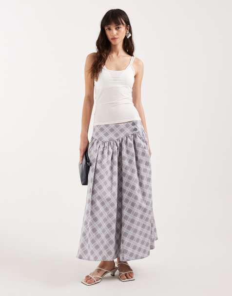 Motel Sanadi poplin midaxi check skirt in grey