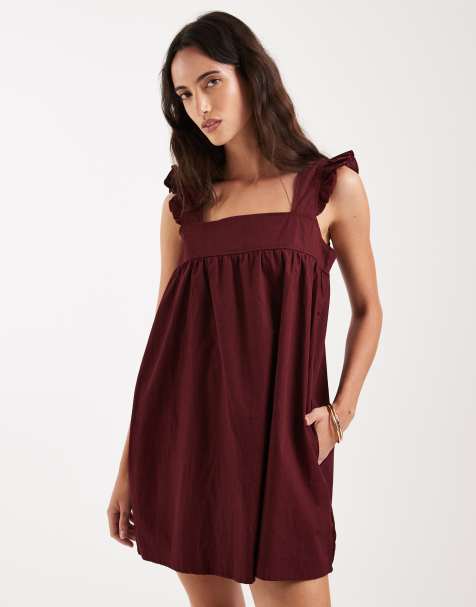 Motel Sanaly poplin ruffle sleeve mini dress in maroon - view 1