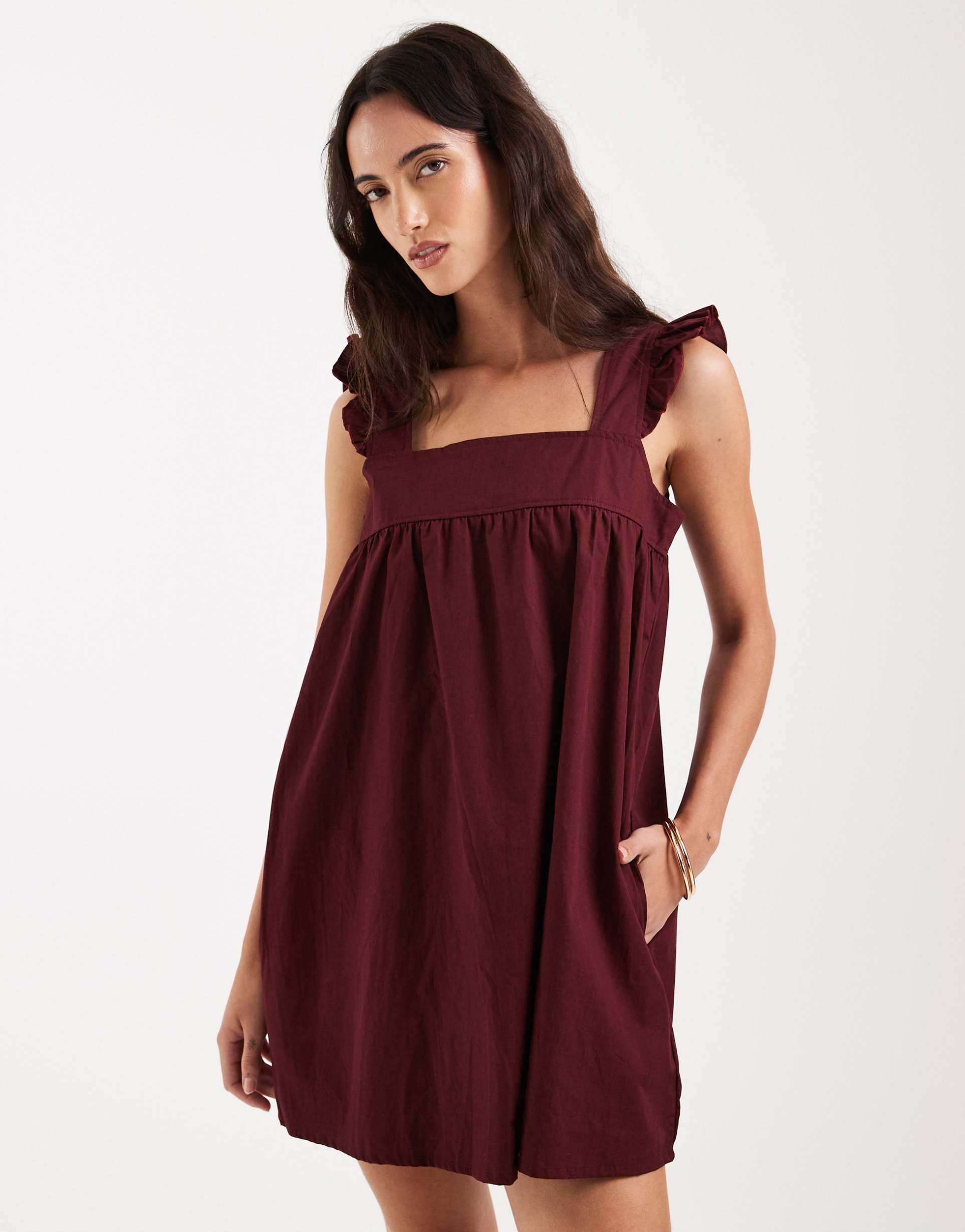 motel sanaly poplin ruffle sleeve mini dress in maroon