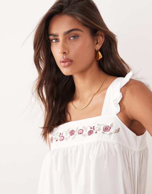Motel Sanaly poplin ruffle trim sleeveless mini dress in white , 3 of 4