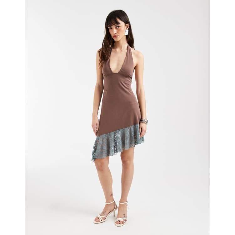 Motel Sanaya lace paneled aysmetric halter dress in brown | ASOS