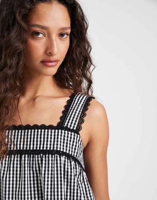 Motel - Sandat - Robe babydoll courte à carreaux vichy - Gris, 2 de 4