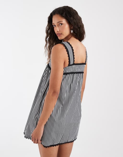 Motel - Sandat - Robe babydoll courte à carreaux vichy - Gris, 4 de 4