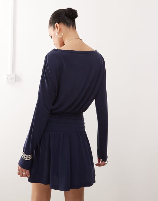 Motel Sanuli slinky batwing mini dress in navy ASOS - Main Image