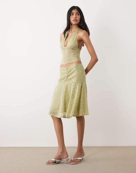 Motel - Sarahi - Conjunto verde salvia de top con cuello halter y falda midi de encaje - view 1