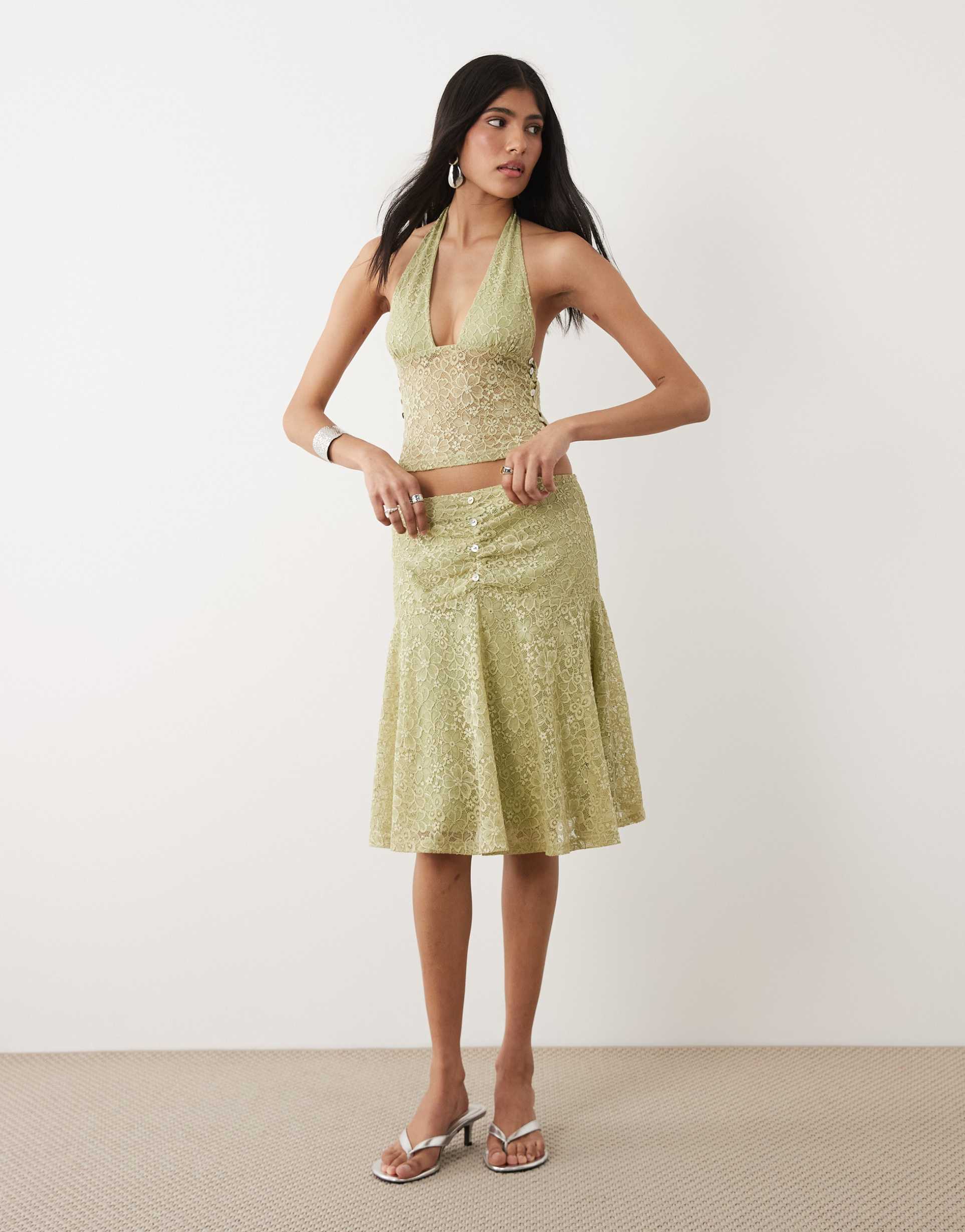 motel sarahi lace midi skirt in sage