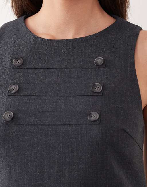 Motel Saraya button detail pinafore ruffle edge dress in gray, 3 of 4