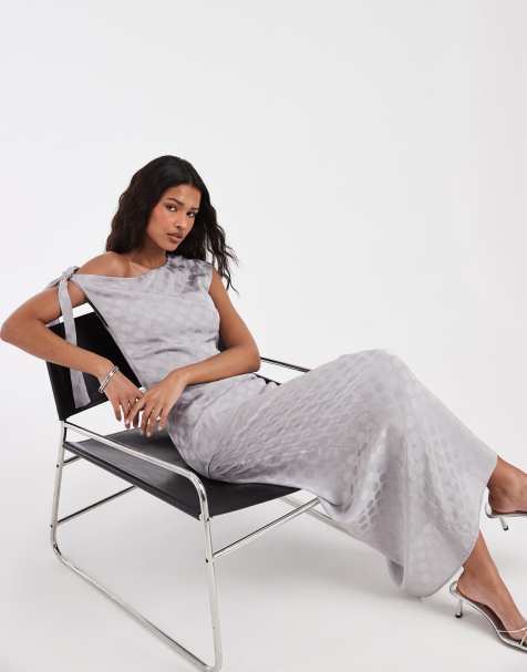 Motel Sardian chiffon off-shoulder maxi dress in silver gray polka - view 1