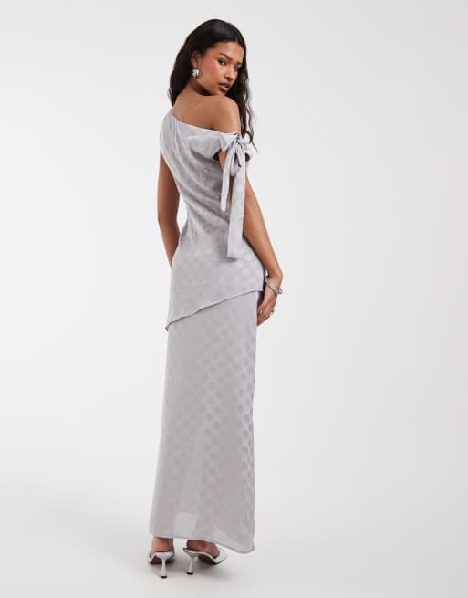 Motel Sardian chiffon off-shoulder maxi dress in silver gray polka, 4 of 4