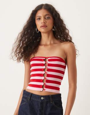 sarella knit striped button detail top in pink and red