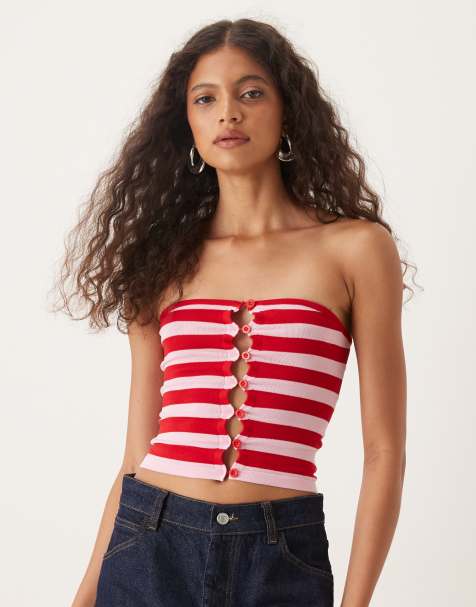 Motel sarella knit striped button detail top in pink and red - view 1