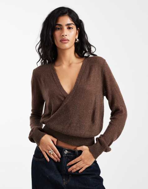 Motel Saroya plunge wrap knit top in dark chocolate - view 1