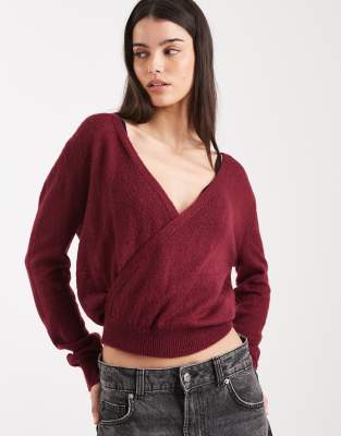 Motel Saroya Plunge Wrap Knit Top In Burgundy
