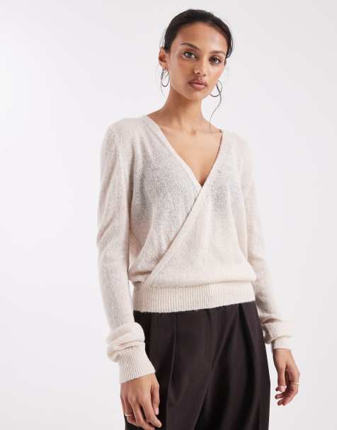 Motel Saroya plunge wrap knitted top in ecru - view 1