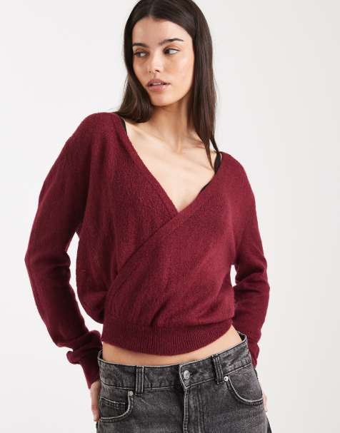 Motel Saroya plunge wrap knitted top in wine 