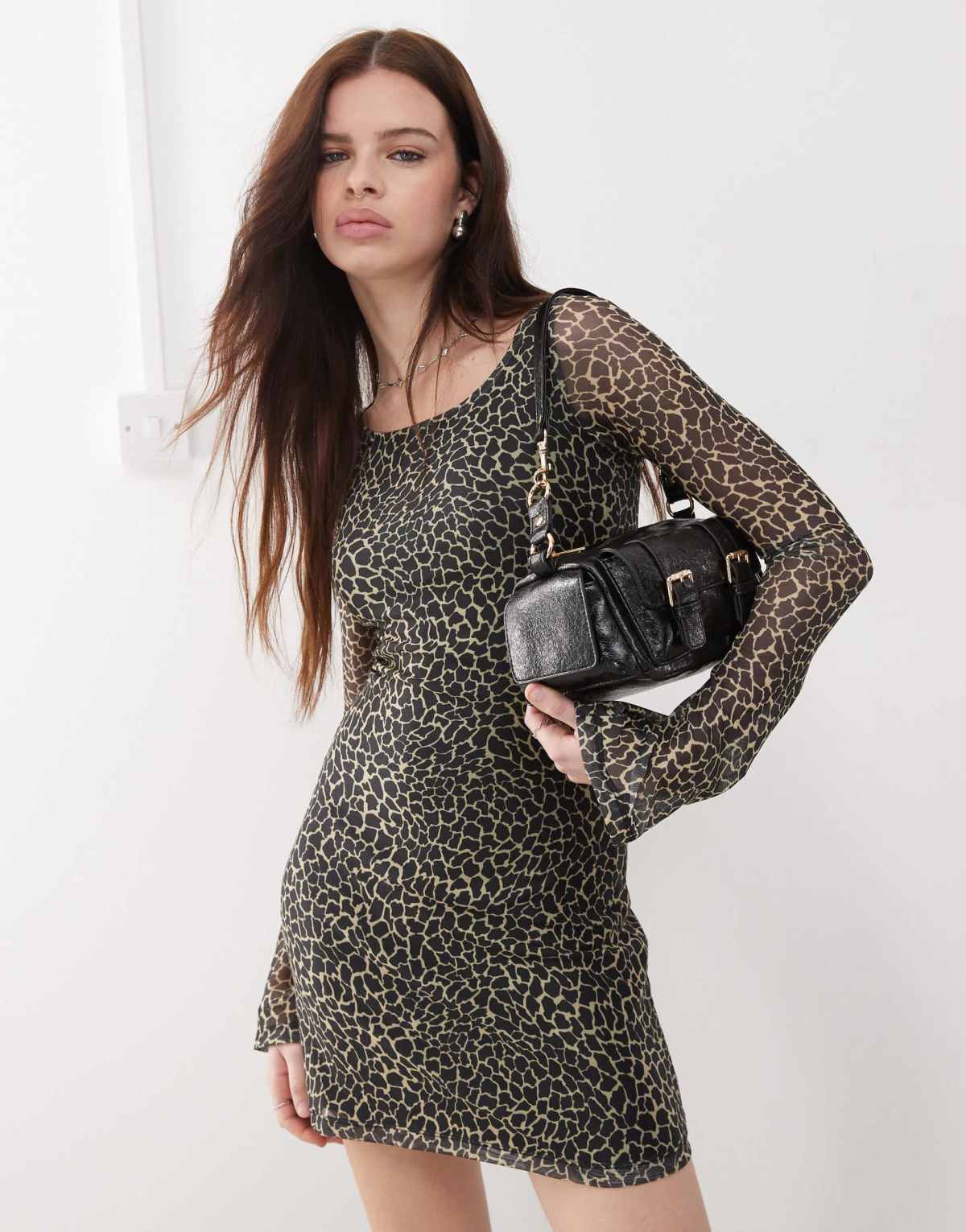 Motel sartika flared sleeve giraffe print mini dress in black and cream