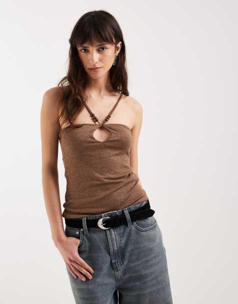 Motel Satuna shimmer knit beaded halter top in brown