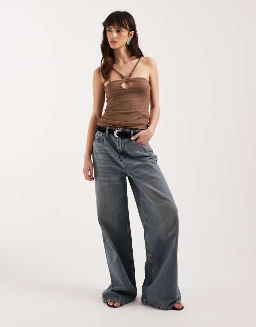 Motel Satuna shimmer knit beaded halter top in brown, 2 of 4