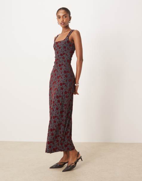 Motel sayidan midi dress with square neck in garden floral blue and burgundy - view 1