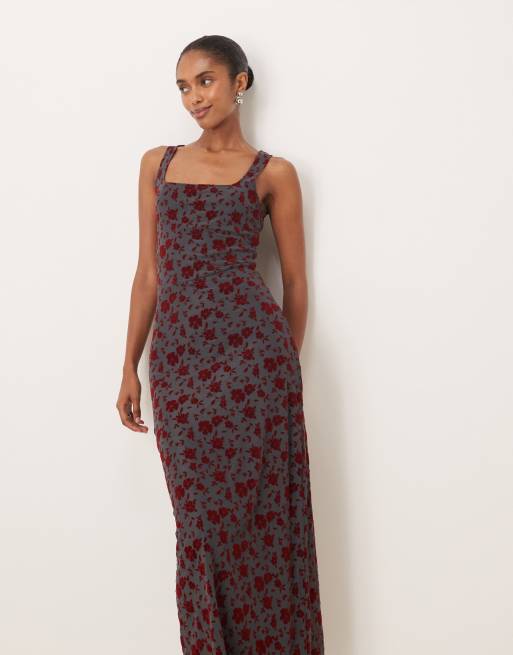 Motel sayidan midi dress with square neck in garden floral blue and burgundy