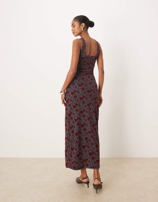 Motel sayidan midi dress with square neck in garden floral blue and burgundy