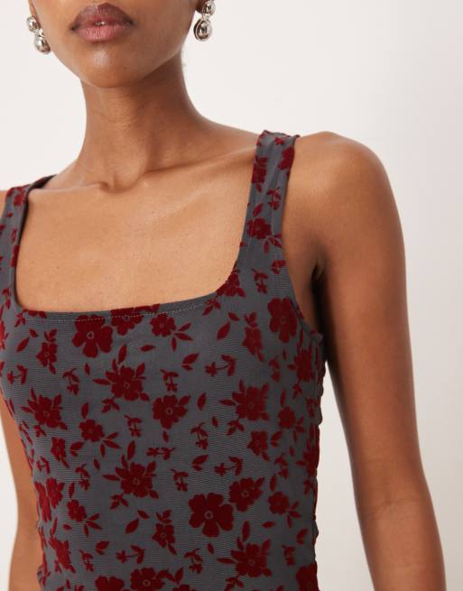 Motel - Sayidan - Vestito midi blu a fiori e bordeaux con scollo squadrato, 3 di 4