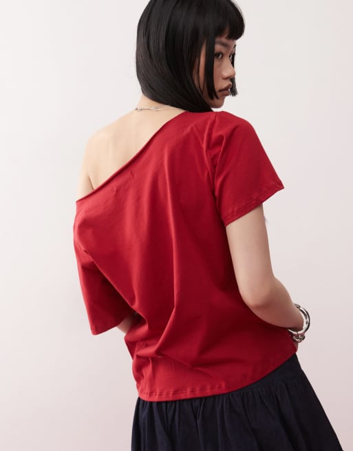 Motel - Scottie - Rød og løstsiddende oneshoulder-t-shirt, 4 af 4