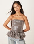 [Motel] Motel Seada peplum sequin bandeau top in silver S SILVER