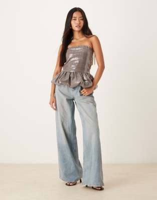 Motel Seada Peplum Sequin Bandeau Top In Silver