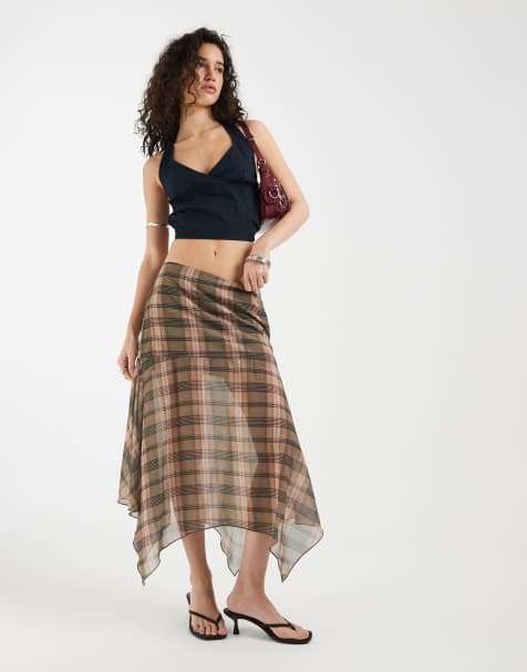 Motel Sedra chiffon midaxi skirt in blurry pink brown check - view 1