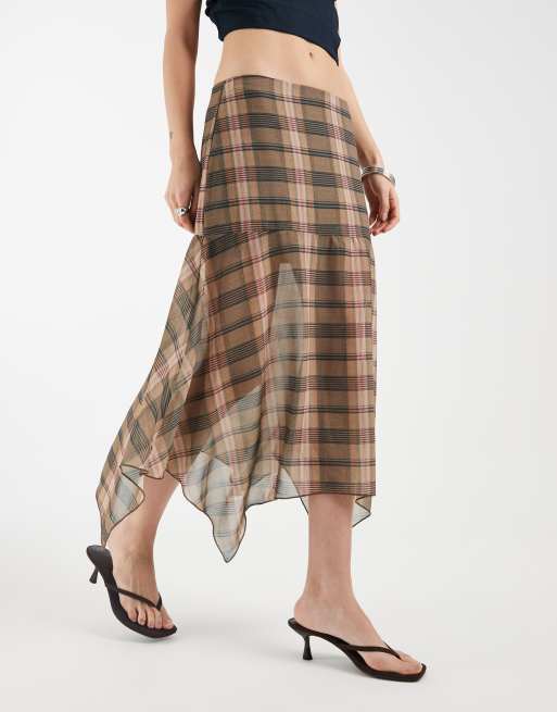 Motel - Sedra - Lyserød og brun midaxi-nederdel med slørede tern i chiffon, 2 af 5