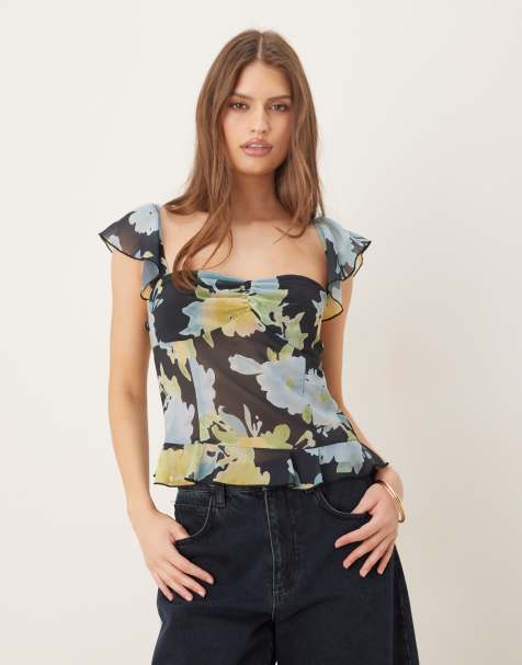 Motel Selita chiffon flutter sleeve top in multi flower - view 1