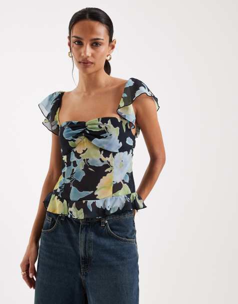 Motel Selita chiffon flutter sleeve top in multi flowers - view 1