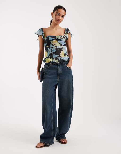 Motel Selita chiffon flutter sleeve top in multi flowers, 4 of 4