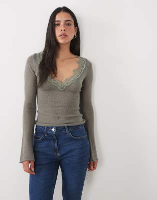 Motel Semra Sheer Knit Long Sleeve Top With Lace Detail In Grey