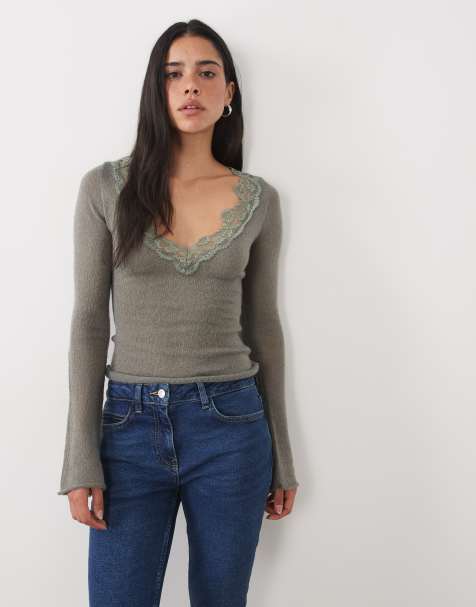 Motel semra sheer knit long sleeve top with lace detail in grey - view 1