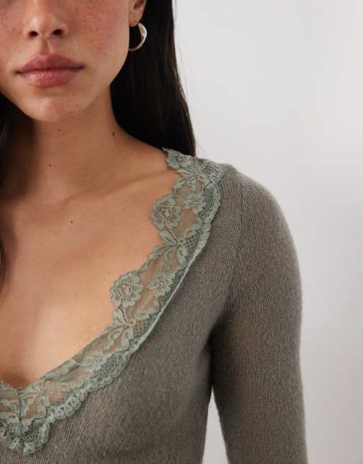 Motel semra sheer knit long sleeve top with lace detail in grey, 2 of 4
