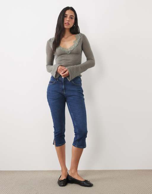Motel semra sheer knit long sleeve top with lace detail in grey, 3 of 4