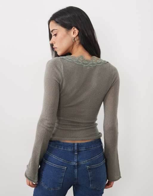 Motel semra sheer knit long sleeve top with lace detail in grey, 4 of 4