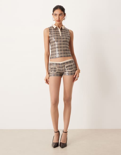 Motel serafim low rise short in vintage style sequin check co-ord, 2 of 5