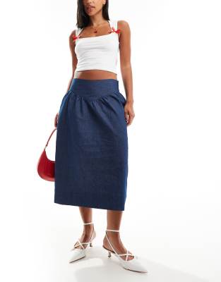 seraya waistband detail denim effect midi skirt in indigo-Navy