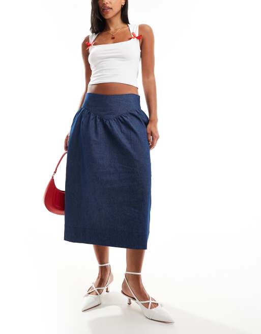 Motel Seraya waistband detail denim effect midi skirt in indigo