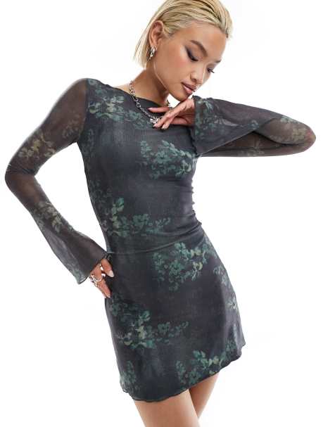 Motel sevila botanical print long sleeve dress in faded blue green - view 1