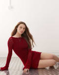 [Motel] Motel Sevila flared sleeve flocked heart mini dress in maroon 2XS Maroon