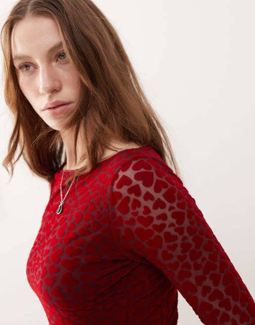 Motel sevila flared sleeve flocked heart mini dress in maroon